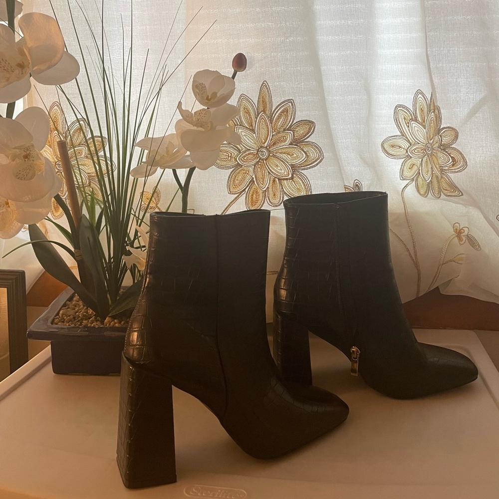 Black crocodile print booties, worn once